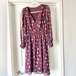 Express Floral Long Sleeve Dress - Burgundy and Blue